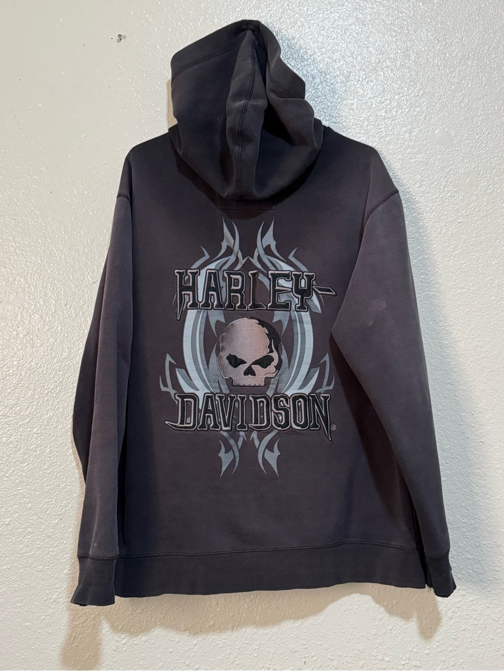 Harley Davidson Hoodie Mens Med. Gray Embroidered Skull Patch Full Zip Jacket